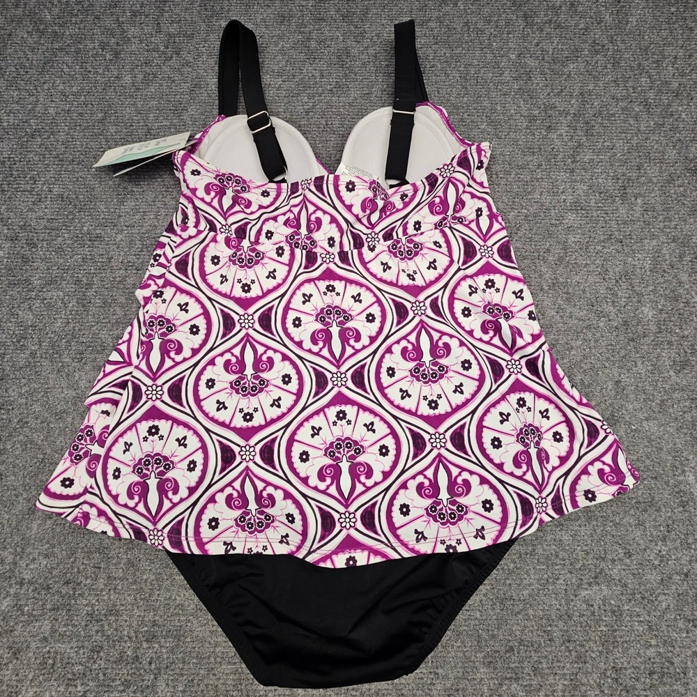 Swim Solutions Fauxkini 8 Magenta Triple Tier Paisley Tummy Control Swimsuit - Picture 2 of 11
